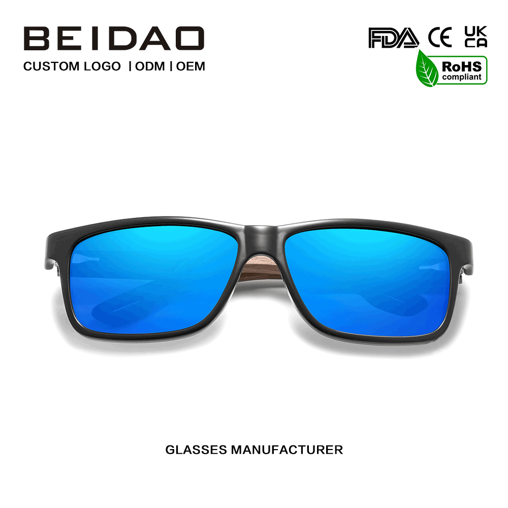 Kanggo Unisex Walnut Frame Kacamata Hitam Polarisasi Biru