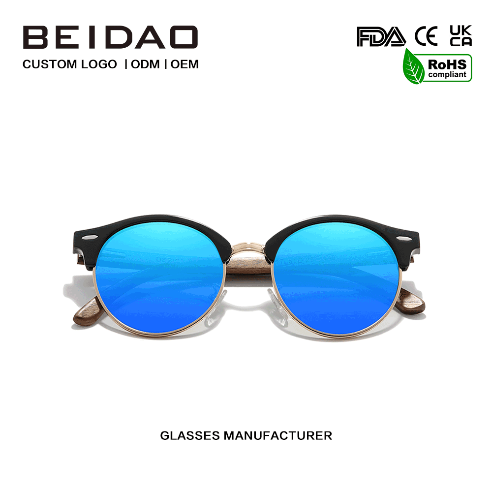 Kacamata Polarisasi Kaca Walnut Kayu Bulat UV400 Biru